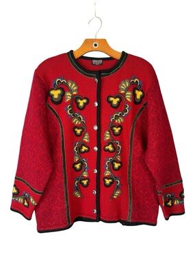 Vrikke 100% Wool Red Embroidered Cardigan Sweater Nordic Folk Floral M